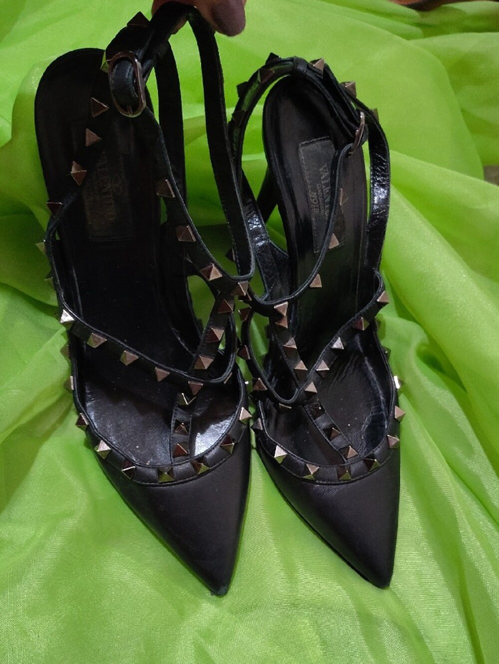 Valentino Garavani Black Pointed Studded Strappy Heels - Picture 2 of 16
